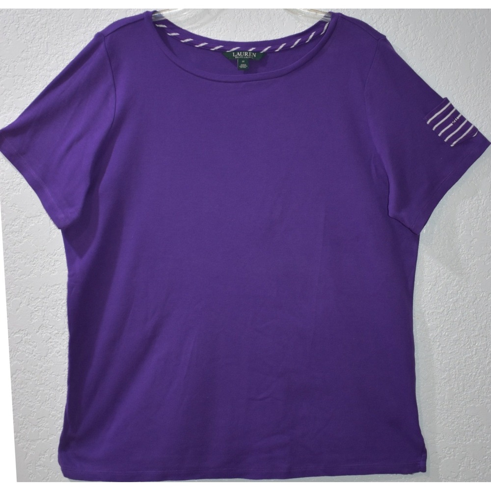 Lauren Ralph Lauren 1XTee Purple Cotton Short Sleeve Top Monogram Sleeve Pocket